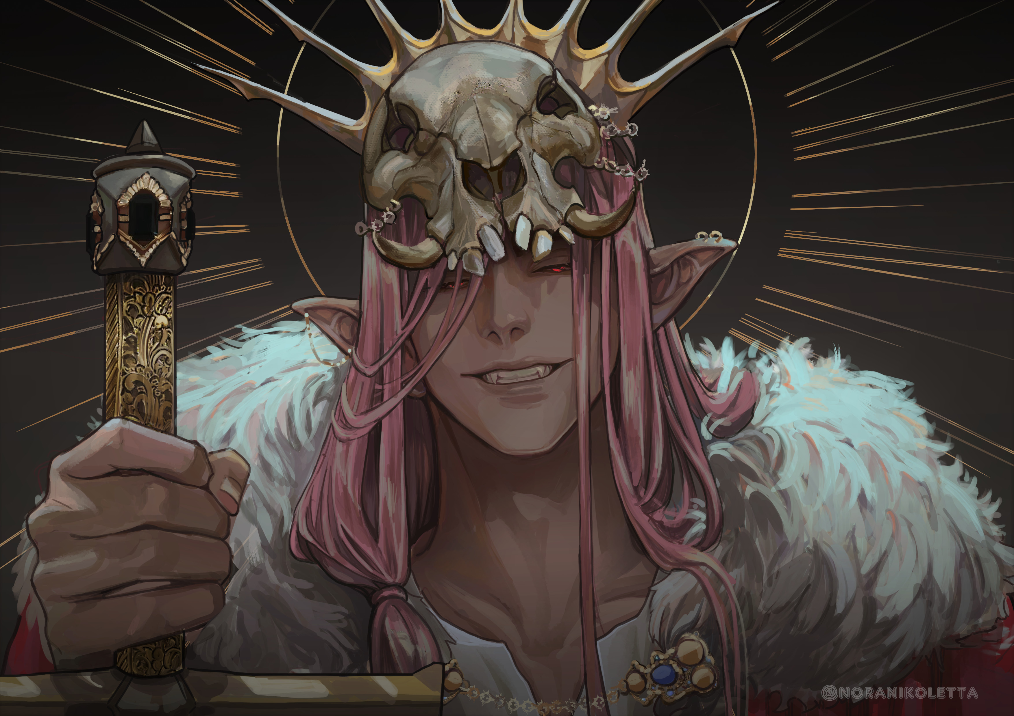 This is a drawing of Techno if he were an anime character. He is more human-like in this drawing, but he does have fantastical elements to his face. He has long pink hair and a boar's skull on his head, nestled underneath his simple golden diadem. White fur covers his broad shoulders, and he holds the holster to a legendary sword. Around his head is a Catholic/Christian halo, showing off how godly he truly is.